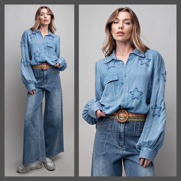 EASEL "STAR STRUCK" Embroidered Silk-Like Mineral Wash Button Up, Cuffs, Pockets - Picture 6 of 16